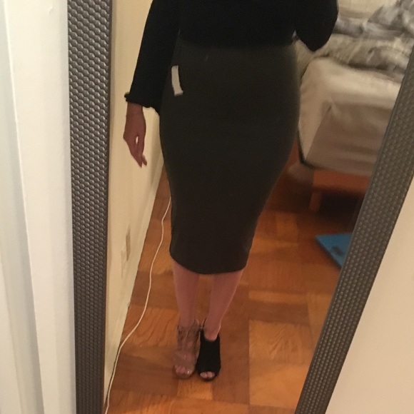 Olive Stretch Pencil Skirt - Picture 3 of 7